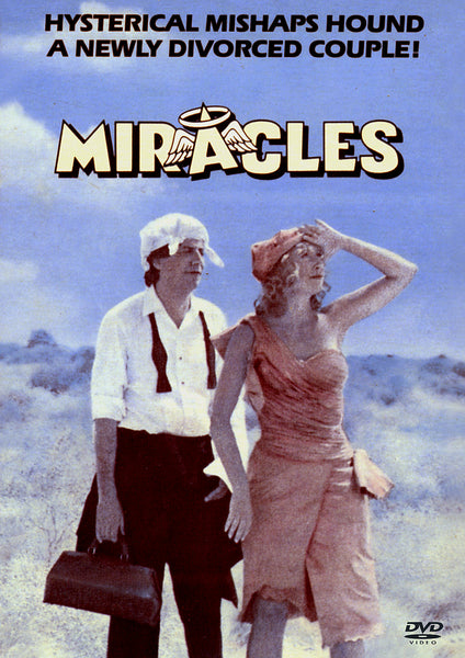 A man in a suit with a towel on his head and a woman in a dress stand in a barren landscape. The text above reads: Hysterical mishaps hound a newly divorced couple! Miracles DVD (1986) — perfect for fans of classic and hard-to-find movies.