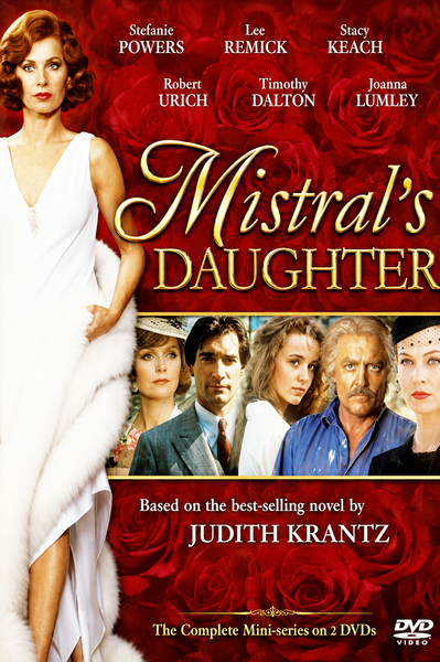 A red-haired woman in a white gown stands beside a movie poster collage featuring several actors’ faces. The title Mistral’s Daughter appears in gold text, accompanied by cast names and the phrase “Based on the best-selling novel by Judith Krantz.” The Mistral’s Daughter DVD (1984) 2 Discs offers this romantic drama miniseries—a captivating story set amidst the glamour of 1920s Paris—brought vividly to life for your collection.