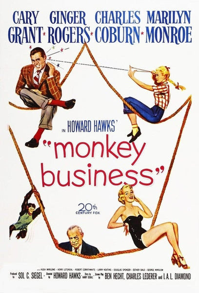 The movie poster for Monkey Business (1952) DVD, a screwball comedy, features a man, two women, and another man either sitting or swinging on large ropes with playful expressions. The cast names and the movie title are prominently displayed above and below the illustration.