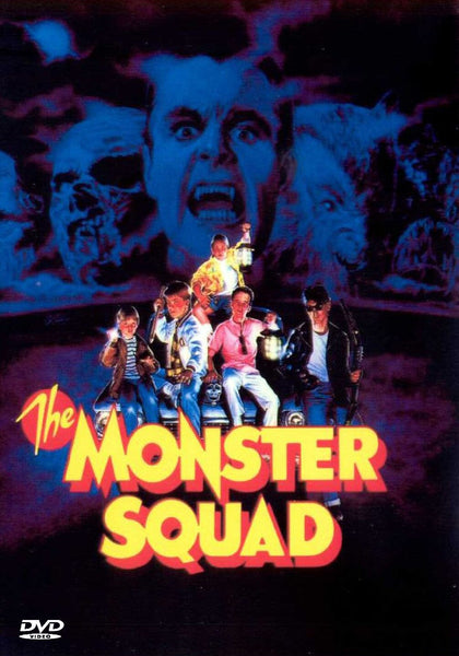 Poster for The Monster Squad (1987) DVD features five kids striking poses in front of iconic classic monster faces, set against striking blue and purple hues. Bold yellow and red title text stands out prominently, making it ideal for collectors and fans of rare, hard-to-find movies. The official DVD logo is displayed in the bottom left corner.