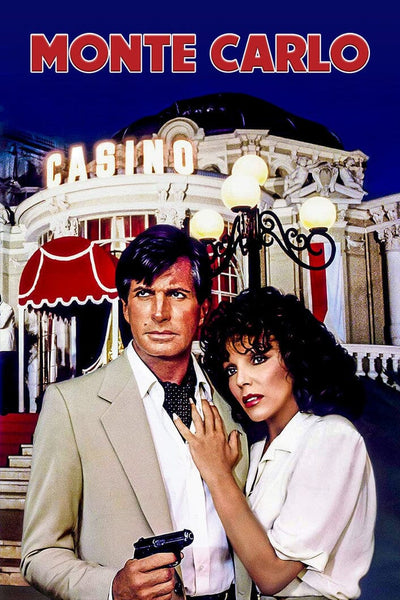 The Monte Carlo (1986) DVD features a suited man with a gun and a woman in white, both serious, standing before a bright casino entrance marked "Monte Carlo," capturing the allure of this classic TV miniseries.