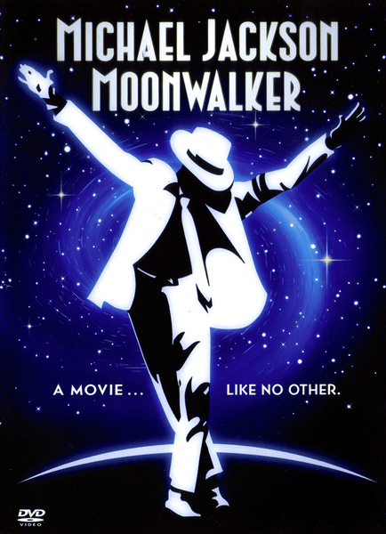 A silhouette of a person in a white suit and hat strikes a dance pose against a blue starry background. Text reads “Moonwalker DVD (1988) – A movie... like no other.” Perfect for fans of rare movies on DVD, this is the ultimate Michael Jackson experience. DVD video logo appears at the bottom left.