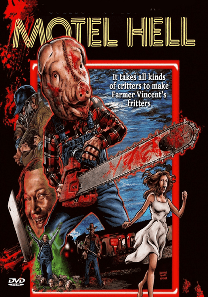 A man in overalls and a pig mask swings a chainsaw, while the text proclaims: “Motel Hell. It takes all kinds of critters to make Farmer Vincent’s fritters.” In the background, terrified people and an eerie motel set the scene for this cult classic’s unique mix of horror and dark humor. For collectors seeking rare finds, the Motel Hell DVD (1980) is a must-have addition to any collection.