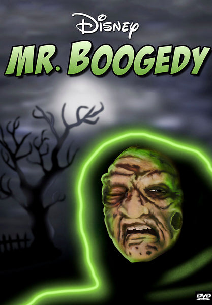 A ghastly, decayed face glows green against a shadowy, eerie backdrop featuring a gnarled tree and a full moon. Ideal for haunted house movie enthusiasts, “Mr. Boogedy DVD (1986)” is displayed at the top in bold green letters.