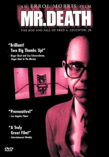 DVD cover for Mr. Death: The Rise and Fall of Fred A. Leuchter, Jr. DVD (1999), showcasing Fred A. Leuchter Jr.—a bespectacled man highlighted by vivid pink lighting—with barred windows behind him, creating a strikingly intense scene inspired by classic cinema on DVD. Acclaimed in reviews as *Brilliant*, *Provocative*, and *A Truly Great Film!* Title and credits appear at the top—an essential addition for collectors of rare movies on DVD.