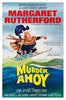 A whimsical illustrated poster for Murder Ahoy (1964) DVD features Margaret Rutherford sailing in a rowboat with a telescope, waving her hat, as the film title appears in bold yellow—ideal for classic movie fans.