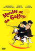 DVD cover for Murder at the Gallop (1963) DVD, a classic British mystery, featuring two people in riding attire on a white horse set against a bright yellow background, with bold, stylized title text displayed above.