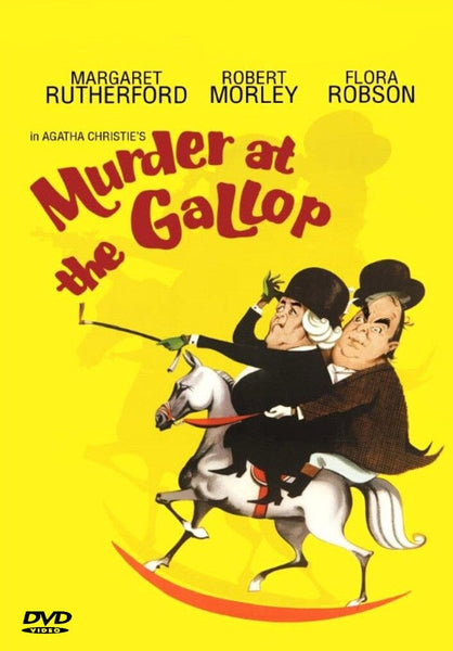 Murder at the Gallop (1963) DVD cover features illustrated characters—one in a dress, one in a suit—riding a white horse on a bright yellow background, with bold red and purple title text.