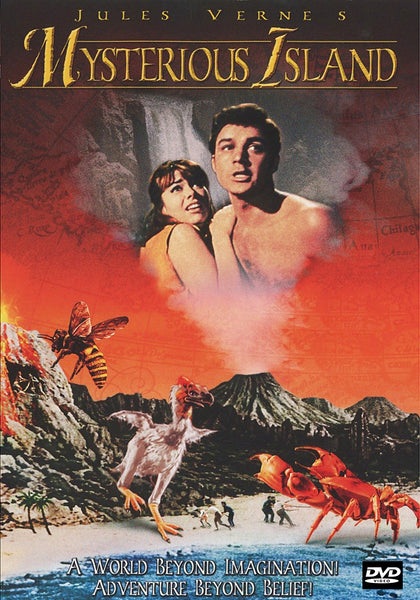 A man and woman appear frightened as enormous creatures—a bee, a crab, and a bird—brought to life with stunning Ray Harryhausen effects, loom over an island landscape on the cover of the Mysterious Island DVD (1961), a classic Civil War adventure that’s rare and hard to find.
