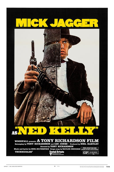 The movie poster for Ned Kelly (1970) DVD features Mick Jagger in armor with a gun, bold yellow and white text on black. Perfect for collectors of rare and classic movies on DVD.