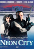Neon City DVD (1991) features a post-apocalyptic movie cover with a woman with braided hair and a man holding a shotgun, set against the backdrop of a futuristic cityscape. The top highlights stars Michael Ironside, Vanity, and Lyle Alzado in this sci-fi action adventure.