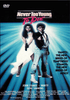 DVD cover for Never Too Young To Die (1986) featuring a dramatic blue backlight framing a woman in white wielding a gun and a man in black holding a gun. Promotional text highlights the characters Temptress and Hero, starring John Stamos as the secret agent torn between peril and passion.