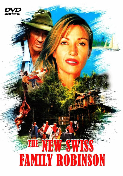 The New Swiss Family Robinson DVD (1999) features a cover depicting a man and woman, a sailboat, a treehouse, and action-packed scenes set against a blue sky background—making it a must-have for collectors of rare, hard-to-find movies and anyone seeking classic films on DVD.