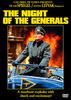A stern man in a World War II German uniform stands in an open-top car with flames blazing behind him. Bold yellow text above reads “The Night of the Generals.” The Night of the Generals DVD (1967) is now available—an essential rare thriller DVD for collectors and classic WWII film enthusiasts.
