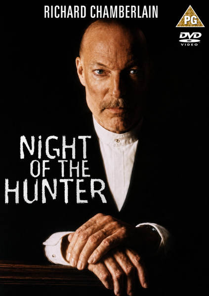 A serious, bald man in a suit stares forward with hands folded, accompanied by the text NIGHT OF THE HUNTER, Richard Chamberlain, and a PG DVD logo on a dark background—making the Night of the Hunter DVD (1991) an essential addition for collectors and fans of classic movies on DVD.