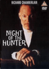 Night of the Hunter DVD (1991) cover features a stern man in a suit with clasped hands set against a dark background. Ideal for collectors of rare movie DVDs, the artwork displays the title and actors’ names above, while PG and DVD logos are positioned in the top right corner.