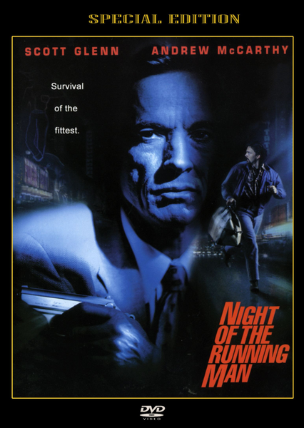 Night of the Running Man DVD (1995) cover features a dramatic Las Vegas cityscape backdrop, showcasing two men—one in close-up and another running with a bag. The design references vintage classic movies, with text that reads “Survival of the fittest” and “Special Edition,” highlighting this rare thriller about a cab driver in Las Vegas.
