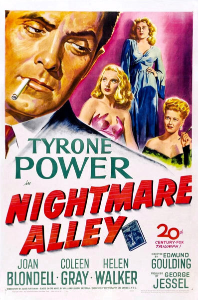 Nightmare Alley (1947) DVD features a vintage movie poster with Tyrone Power smoking, three elegantly dressed 1940s women, and bold red and yellow text showing the classic film noir’s title and cast.