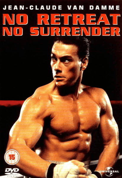 A muscular man in boxing gloves stands determinedly in the ring, beneath bold text reading “JEAN-CLAUDE VAN DAMME” and “NO RETREAT NO SURRENDER.” This striking scene from No Retreat No Surrender DVD (1986) is perfect for fans collecting classic movies on DVD and captures the intensity of Jean-Claude Van Damme’s iconic role. DVD and rating logos are visible in the lower corners.