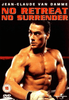 A muscular man in boxing gloves stands determinedly in the ring, beneath bold text reading “JEAN-CLAUDE VAN DAMME” and “NO RETREAT NO SURRENDER.” This striking scene from No Retreat No Surrender DVD (1986) is perfect for fans collecting classic movies on DVD and captures the intensity of Jean-Claude Van Damme’s iconic role. DVD and rating logos are visible in the lower corners.