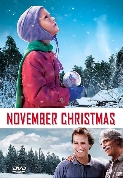 A young girl dressed in winter clothes holds a snow globe while below, two smiling men stand outdoors amid snowy trees and houses—capturing the nostalgic charm of vintage classic movies. The image features the text “November Christmas” and serves as the cover for November Christmas (2010) DVD.