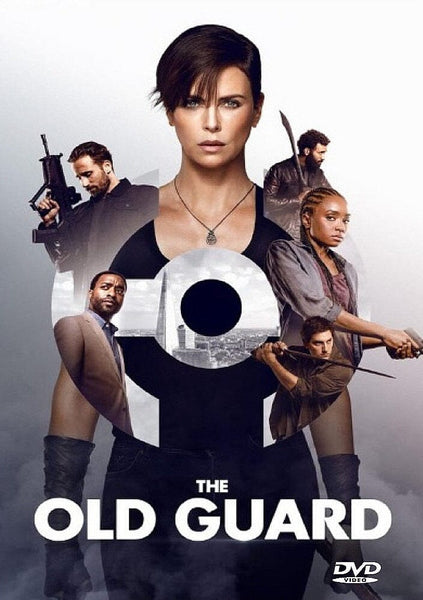 DVD cover for The Old Guard (2020) DVD features five intense characters standing together, the main character at the center, set against action-packed backgrounds—an attention-grabbing design perfect for fans of immortal mercenaries films. This scarce edition is an essential addition to any collector’s library of modern action classics.