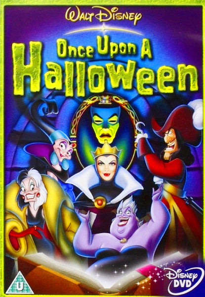 DVD cover for Once Upon A Halloween DVD (2005), a Disney Halloween release featuring iconic villains such as the Evil Queen, Ursula, Captain Hook, and more. Presented with a green and purple background and glowing yellow text, this rare 2005 DVD is essential for fans of villainous adventures and classic Disney movies on DVD.