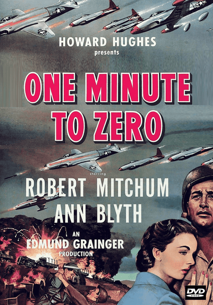Movie poster for One Minute to Zero DVD (1952), a classic Korean War film, depicts fighter jets soaring above, explosions on the ground, and a man and woman in the foreground. The bold red title is centered, featuring the names of Robert Mitchum and Ann Blyth—an ideal find for collectors of rare hard-to-find movies or fans looking for classic movies on DVD.