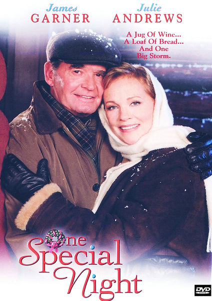 An older couple in winter coats and gloves stands close, smiling as snow falls around them. The title “One Special Night” appears at the bottom, with the actors’ names James Garner and Julie Andrews listed at the top. The One Special Night DVD (1999) is a heartwarming Thanksgiving holiday movie that makes a touching addition to any classic DVD collection.