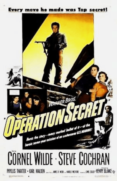 Operation Secret (1952) DVD features a vintage movie poster with a gun-wielding man above action scenes, including a woman and soldiers. The yellow and black text spotlights stars Cornel Wilde and Steve Cochran.