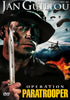 A soldier with camouflage face paint grips a knife, while parachuters, fire, and explosions fill the background. The text on the cover reads “Jan Guillou” and “Operation Paratrooper.” The Operation Paratrooper DVD (1988) is ideal for collectors looking for rare movies on DVD. The DVD logo appears in the bottom left corner.