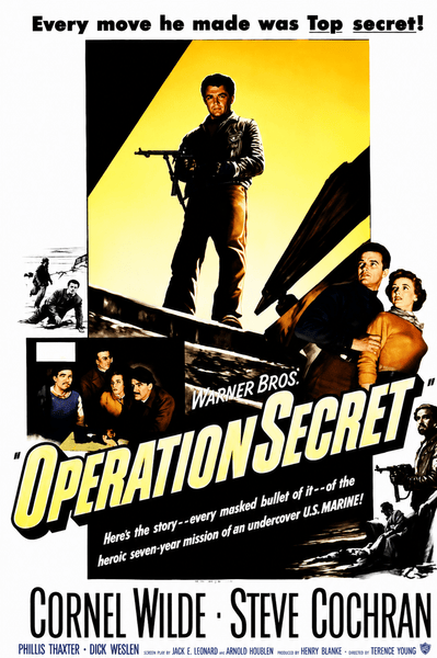 The Operation Secret (1952) DVD movie poster features dramatic action scenes with a man holding a gun, bold yellow and black colors, and prominent text that highlights its WWII espionage thriller themes and secret missions. Cast and crew names appear at the bottom, making this DVD an essential addition for collectors of rare or hard-to-find movies and fans of classic cinema.