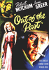 Out of the Past DVD (1947) features cover art with illustrated faces of a man smoking and two women, alongside the actors’ names Robert Mitchum and Jane Greer, and the film title displayed in large yellow script.