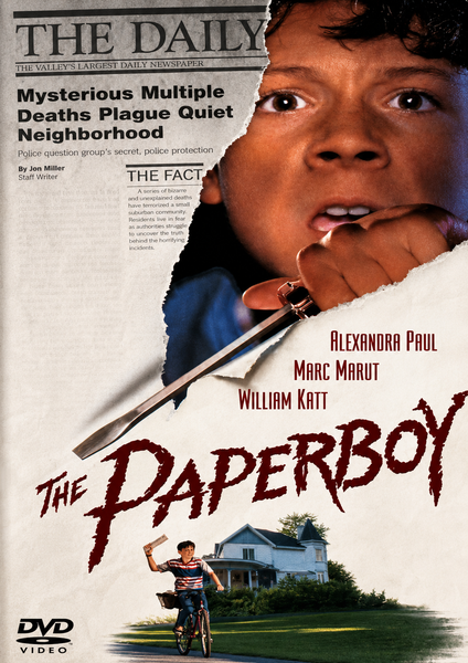A torn newspaper with a worried boy peering through it displays a headline about mysterious deaths. Below, another boy rides his bike toward a house, set against film credits and the title The Paperboy DVD (1984)—ideal for collectors of rare movies on DVD or anyone seeking to add this unforgettable 1984 thriller to their collection.
