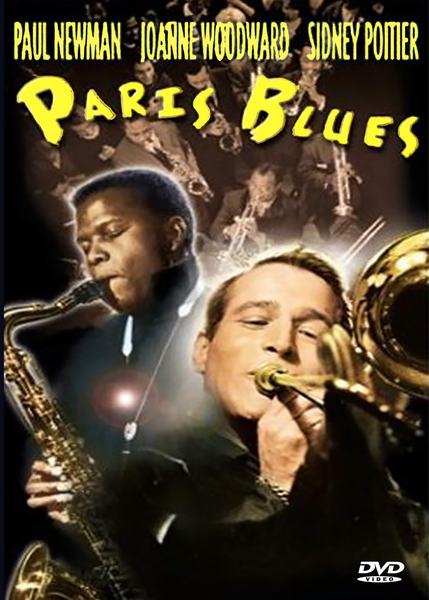 The Paris Blues DVD (1961) movie poster showcases two jazz musicians—one with a trombone and the other with a saxophone—accompanied by their names and the DVD video logo. A lively jazz band appears in the background, while bold yellow title text stands out. This rare romantic drama stars Paul Newman and Sidney Poitier, capturing their unforgettable performances within the energetic Parisian jazz scene.