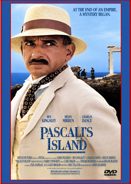 A solemn man in a hat and suit stands beside ancient ruins overlooking the sea, capturing the suspense of a spy thriller. The text features: “Pascali’s Island DVD (1988)”, includes the cast—such as Ben Kingsley—and displays the tagline: “At the end of an empire, a mystery began.” The Pascali’s Island DVD logo appears at the bottom.