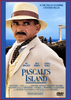 A solemn man in a hat and suit stands beside ancient ruins overlooking the sea, capturing the suspense of a spy thriller. The text features: “Pascali’s Island DVD (1988)”, includes the cast—such as Ben Kingsley—and displays the tagline: “At the end of an empire, a mystery began.” The Pascali’s Island DVD logo appears at the bottom.