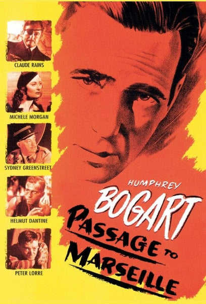 The Passage to Marseille (1944) DVD cover features a bold red-toned portrait of Humphrey Bogart, symbolizing his Free French role, with smaller images of Claude Rains, Michèle Morgan, Sydney Greenstreet, Helmut Dantine, and Peter Lorre on the left.
