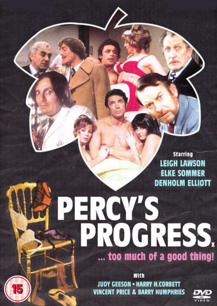 Vintage movie poster for Percy's Progress DVD (1974), showcasing an array of characters, a broken chair, and the tagline "...too much of a good thing!" The title and cast are featured prominently—ideal for collectors seeking classic or rare movies on DVD.