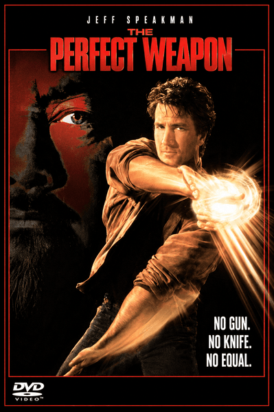 The DVD cover for The Perfect Weapon DVD (1991) features martial arts action star Jeff Speakman mid-punch, dynamically posed over a red-lit face. Bold text proclaims: "No gun. No knife. No equal." The title and credits appear at the top of this striking DVD release.