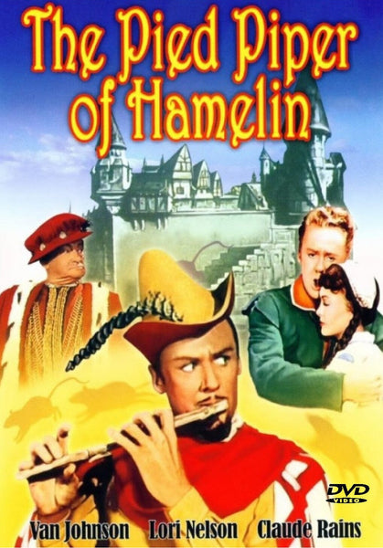 The DVD cover for The Pied Piper of Hamelin DVD (1957) showcases a man in vibrant medieval attire playing a flute, set against a backdrop featuring a castle and three onlookers. The title and names of the actors are prominently displayed. This edition is NTSC Region ALL, making it convenient for collectors and viewers worldwide.