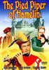The DVD cover for The Pied Piper of Hamelin DVD (1957) showcases a man in vibrant medieval attire playing a flute, set against a backdrop featuring a castle and three onlookers. The title and names of the actors are prominently displayed. This edition is NTSC Region ALL, making it convenient for collectors and viewers worldwide.