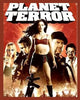 DVD cover for Planet Terror (2007), featuring a woman in a red-striped top with a machine gun leg standing before four others against an explosive, fiery backdrop. Bold white title appears at the top.