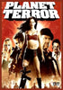 Planet Terror (2007) DVD cover featuring a woman with a gun for a leg standing in front of four people, all set against a fiery red background with the movie title prominently displayed in bold white letters at the top.