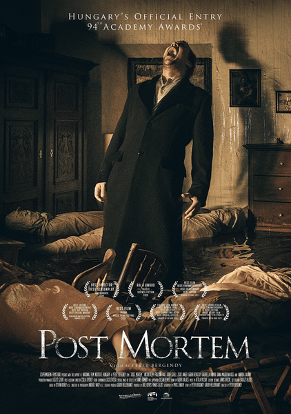A man in a long dark coat screams in a gloomy, cluttered room amid shrouded bodies. The Post Mortem (2020) DVD cover highlights festival awards—an ideal pick for collectors of rare classic horror films.