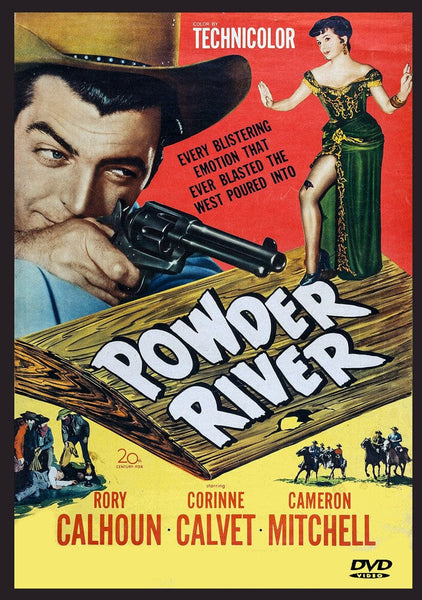 The Powder River (1953) DVD features vintage artwork with a cowboy in a hat aiming his revolver, a woman in green, and horseback riders, highlighted by bold text and classic film credits.