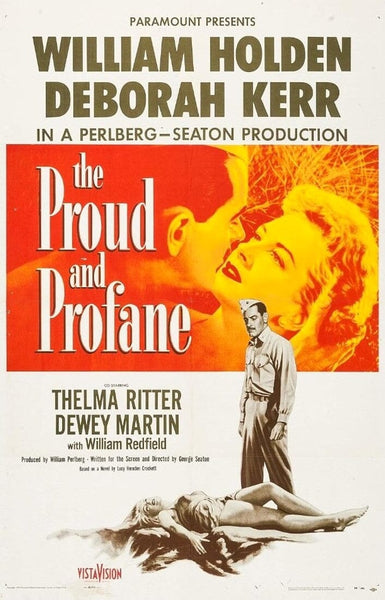 The Proud and Profane (1956) DVD poster shows a close-up of a man and woman’s faces in yellow above a dramatic WWII scene, with credits top and bottom—a must-have for classic movie fans.