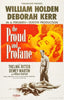 The Proud and Profane (1956) DVD poster shows a close-up of a man and woman’s faces in yellow above a dramatic WWII scene, with credits top and bottom—a must-have for classic movie fans.