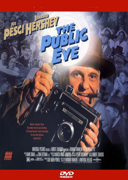 DVD cover for The Public Eye DVD (1992), a gripping crime drama starring Joe Pesci, shows a man in a fedora with a vintage camera amid flashing cameras and a crowd. The title and actor’s name stand out at the top.