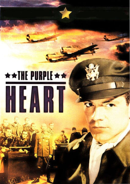 Movie poster for The Purple Heart DVD (1944) featuring a stern soldier in uniform, bomber planes flying overhead, and a group of men in military attire gathered below a dramatic sky—an iconic image ideal for collectors of rare hard-to-find movies and fans of classic WWII drama DVDs.